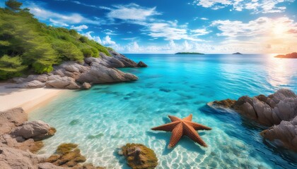 Wall Mural - Tropical beach sunset featuring a starfish on sandy shores viewed from above