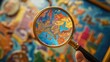 © B 7 YOU - A magnifying glass is used to focus on a section of a colorful world map.