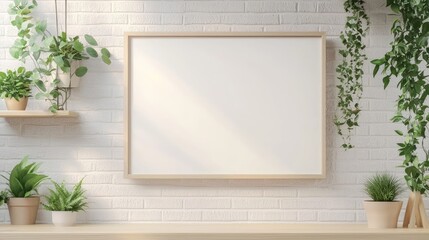 A Blank white colour frame zoomed hung on a white brick wall, with plants hanging on the wall, warm colour palatte, realistic photo