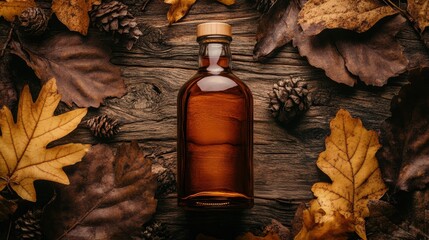 Aufkleber - Close-up view of a whiskey bottle surrounded by autumn leaves and pine cones on a wooden surface. Generative AI
