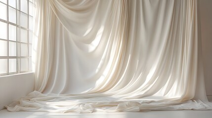 Neutral draped fabric creating a soft and elegant studio backdrop  The sheer billowing material adds a subtle professional touch perfect for photography product shots or interior design