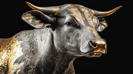 A close-up of a black bull with gold accents. The bull's horns are prominent, and its gaze is intense.