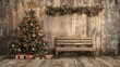 © Veayo - A Christmas-themed photography backdrop for photos, featuring wooden flooring, a distressed wood texture, a large Christmas tree .