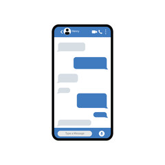 Realistic smartphone with messaging app. Conversation chat screen with blue message bubbles.  Blank SMS text frame. Social media application. Vector illustration.