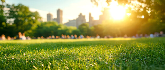 Green grass field in park with blurred cityscape and sunset.