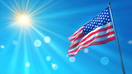 American flag waving in the wind with sun rays and blue sky.