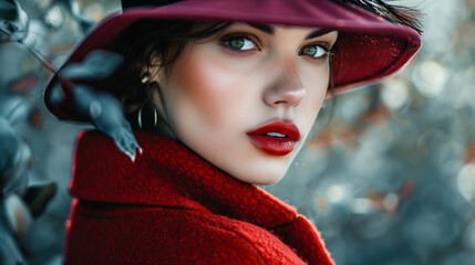 fashion portrait of a Caucasian woman in a red coat and hat with bright makeup