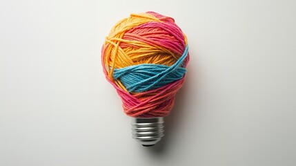 Wall Mural - A light bulb wrapped in colorful yarn on a white background.