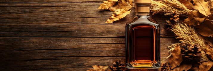 Poster - A close-up view of a whiskey bottle surrounded by autumn leaves on a rustic wooden surface. Generative AI