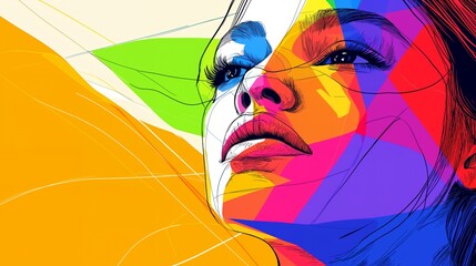 Poster - Close-up of a woman's face with colorful geometric shapes and lines.