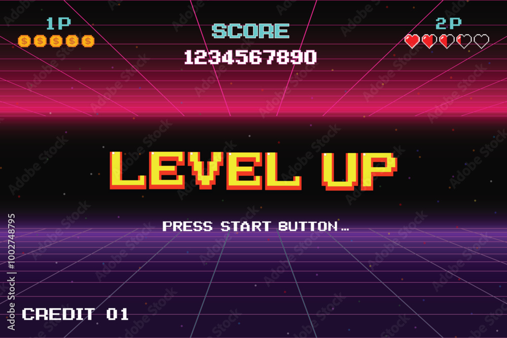 LEVEL UP. press start button. pixel art .8 bit game. retro game. for ...