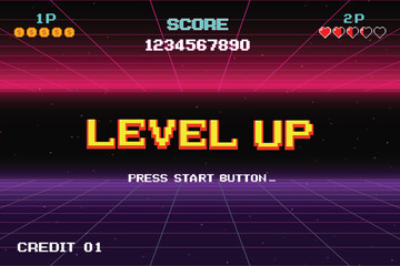Poster - LEVEL UP. press start button. pixel art .8 bit game. retro game. for game assets in vector illustrations.	