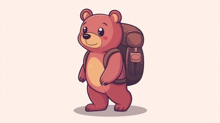 Cute cartoon brown bear with a large backpack standing on a white background.