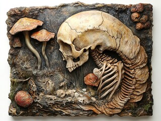 Sticker - Skeleton and Mushrooms: A Surreal Still Life Sculpture