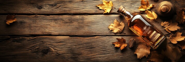 Poster - A close-up view of a whiskey bottle surrounded by autumn leaves on a rustic wooden surface during the fall season. Generative AI