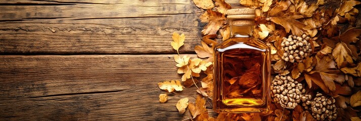 Poster - A rustic whiskey bottle surrounded by autumn leaves and nuts on a wooden surface in a cozy setting. Generative AI