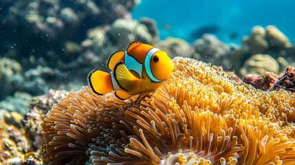 Vibrant clownfish swimming among bright anemone in a clear blue ocean.