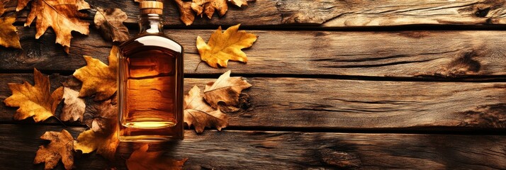 Poster - A close-up view of a whiskey bottle surrounded by autumn leaves on a rustic wooden table in a cozy setting. Generative AI