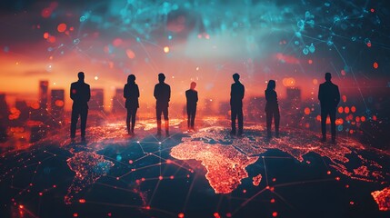 Wall Mural - Silhouetted professionals standing on a glowing world map, symbolizing global connectivity.