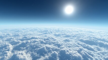 Wall Mural - a tranquil skyscape above the clouds, with a vivid blue sky and a tiny bright sun just over the hori