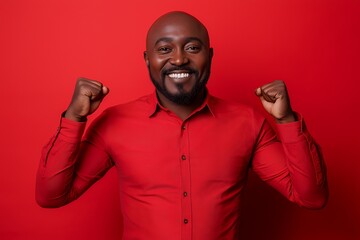 Happy smiling black man in red shirt with arms raised against a red background.