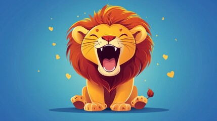 Wall Mural - A cute cartoon lion cub with a big roar, sitting on a blue background with yellow hearts.