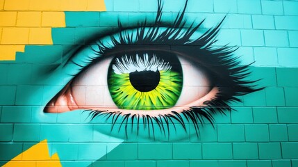 A street scene where a surreal graffiti mural depicting a giant, floating eye watches over a bustling city, blending artistic expression with everyday life.