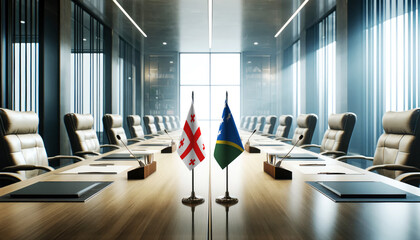 A modern conference room with Georgia and Solomon Islands flags on a long table, symbolizing a bilateral meeting or diplomatic discussions between the two nations.