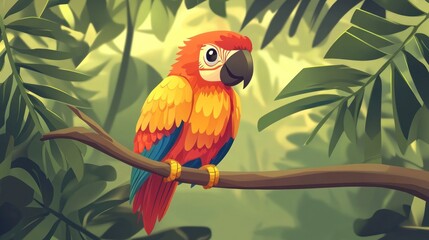 A vibrant red, yellow, and blue macaw perches on a branch in a tropical jungle.