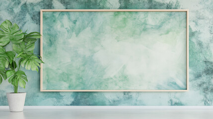 Wall Mural - Blank canvas with wooden frame on a green wall