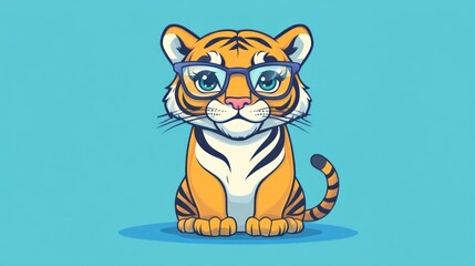 Wall Mural - Cute cartoon tiger wearing glasses sitting on blue background.