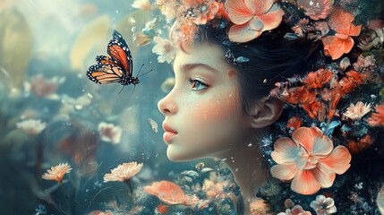 Sticker - Dreamy Portrait of a Woman Surrounded by Flowers and a Butterfly