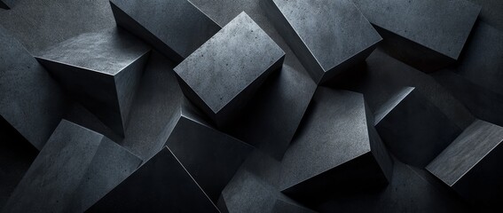 Poster - A geometric dark black anthracite grey background banner with squares and square cubes, textured wallpaper in 3D texture