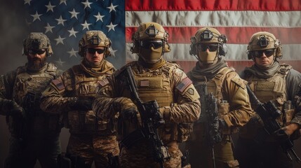 Wall Mural - Four soldiers in camouflage gear and helmets stand in front of the American flag holding their rifles, looking determined.