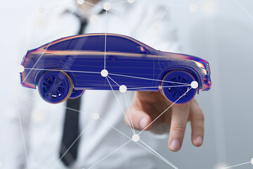 Poster - Man holding and touching holographic smart car