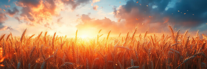 Wall Mural - Golden wheat field at sunset with a beautiful sky