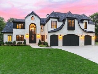 A stunning luxury home exterior with a colored sky at sunset. His mansion has three garages, a tower with turrets, and two levels.