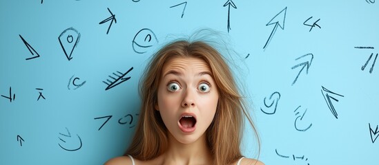 Wall Mural - Woman with brown hair and a surprised expression. She is standing in front of a wall with graffiti on it. Woman in shock with arrows around her head, looking at camera against a light blue background