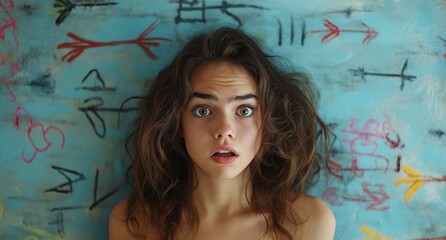 Wall Mural - Woman with brown hair and a surprised expression. She is standing in front of a wall with graffiti on it. Woman in shock with arrows around her head, looking at camera against a light blue background