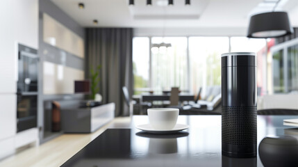 modern stylish voice assistant device prominently displayed in a home environment, with a shallow de