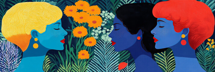 Wall Mural - Three women with closed eyes in a colorful jungle.