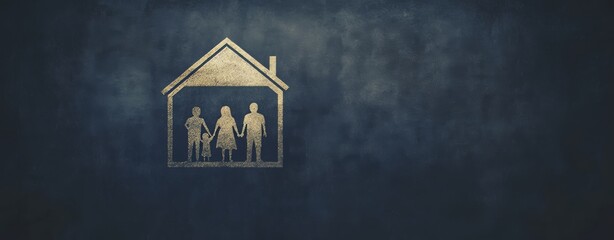 A man draws a roof on a chalkboard of a family. The concept of home ownership is being illustrated.