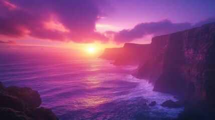 Wall Mural - The sun sets dramatically over the coastline, casting vibrant colors across the cliffs. Waves crash against the rocks, creating a breathtaking moment of nature's beauty