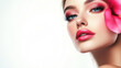 © pixele - Beautiful young woman with flowers and petals on her face. Beauty parlor horizontal banner concept, copyspace