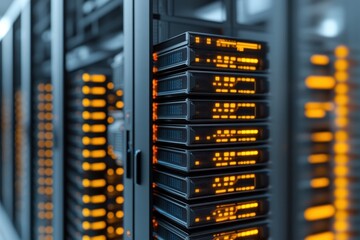 Server racks with illuminated indicators in a data center environment.