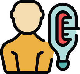 Poster - Sick person is suffering from fever symptoms and holding a thermometer measuring high temperature