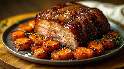 Wall Mural - a plate with a piece of meat and carrots on it