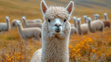 Close-up of a alpacas in a flock, looking at the camera, with other alpacas in the background, soft background, peaceful field landscape