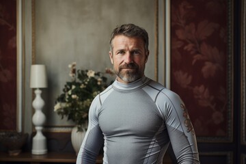 Canvas Print - Portrait of a merry man in his 40s showing off a lightweight base layer isolated in scandinavian-style interior background