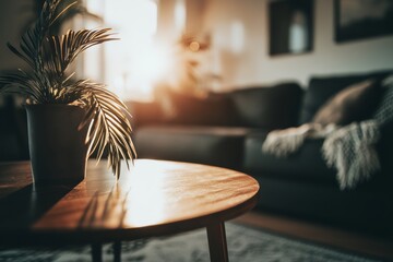 Poster - A spring-time scene with a wooden desk and a blurred window in a home interior.